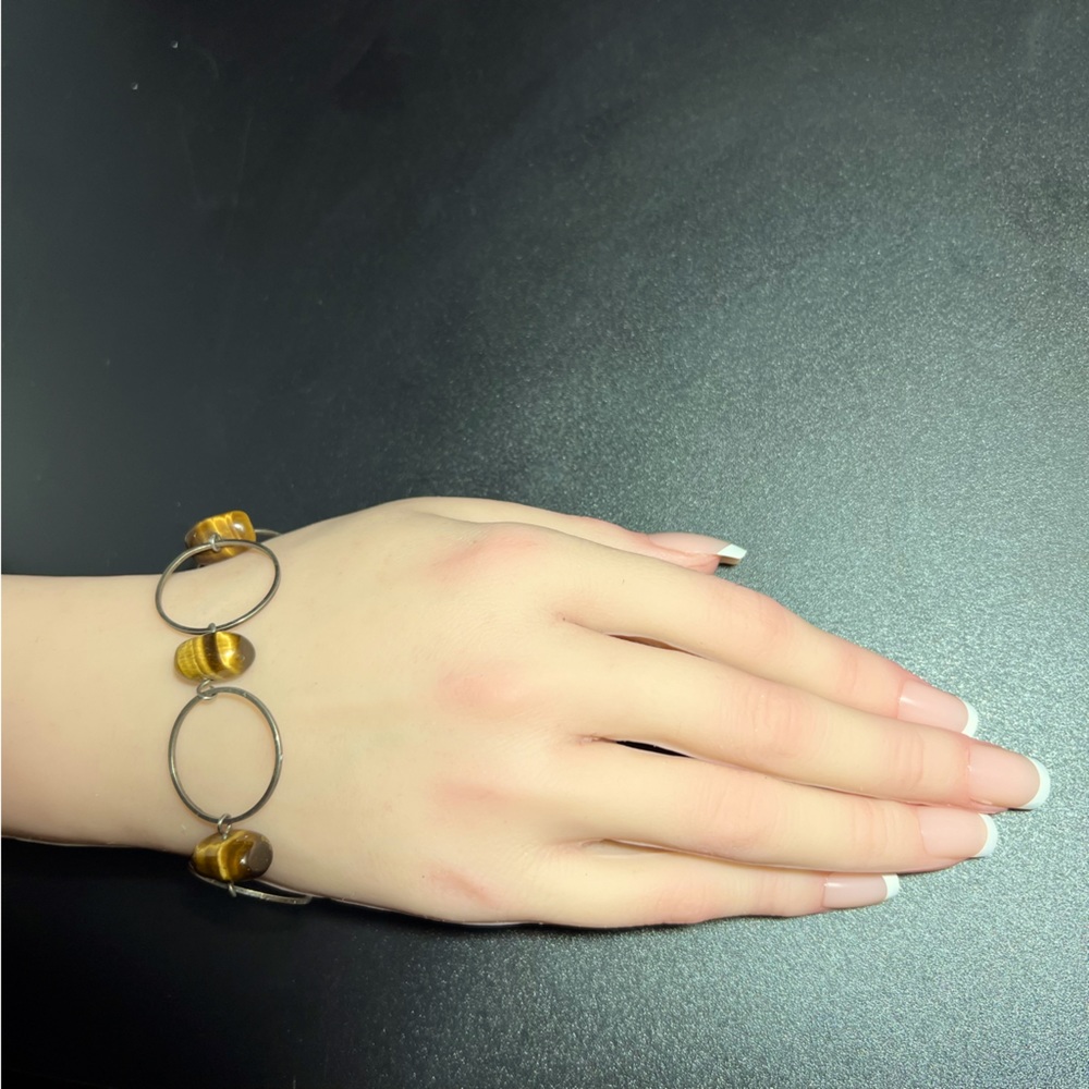 Antique Tigers Eye Silver Large Round Circle Link Bracelet 835 Stamp Pre WWII